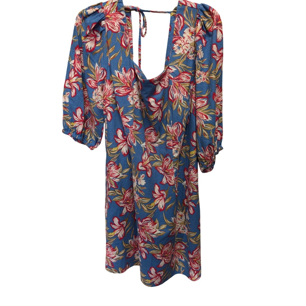A New Day Floral Mini Dress Womens XXL Blue New Open Back Puff Sleeve Boho